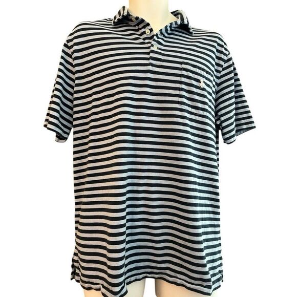 Polo Ralph Lauren Mens Large Polo Shirt Blue Striped Pocket Classic Fit Pony - Picture 1 of 4